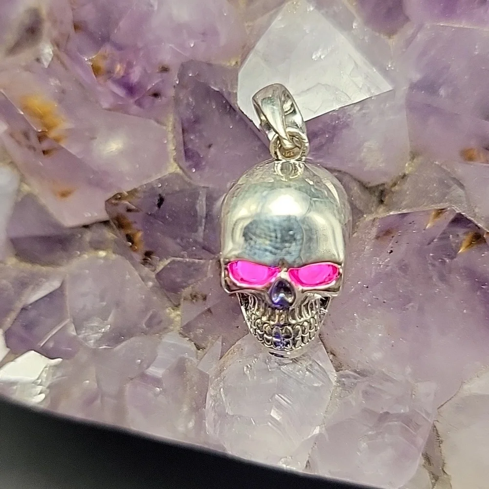 15x20mm Sterling Silver Skull Pendant with Red Faceted Ruby Eyes 5mm Bale Punk